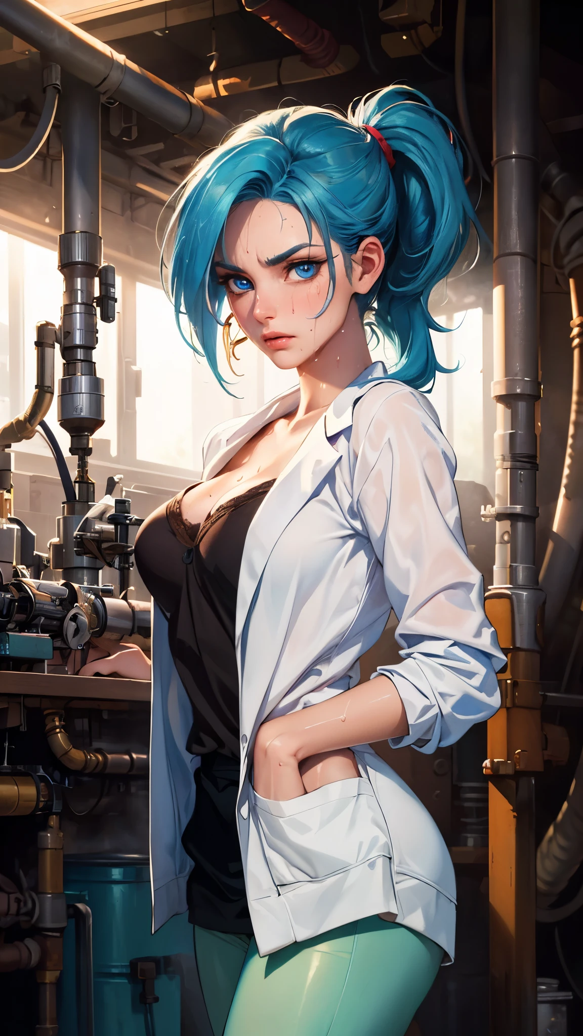 ((((masterpiece, best quality, high resolution)))), Extremely detailed 8K, 1 female, (Bulma from Dragon Ball) wearing a white jacket, (Ultra HD, Ultra-detailed, Highly detailed, Highly realistic, Ultra-realistic, photograph realistic), (1girl:1.5), (Realistic pony tail, blue hair), (dynamic poses), facing at camera, looking at viewer, (a serious focus face), (regular blue eyes, sharp eyes), (perky breasts:1.2), (beautiful detailed face, beautiful detailed eyes), ((slightly sweating)), (working on a mechanical invention), sweat, glow, (sunbeam, sunlight), ((cowboy shot)), laboratory background, seductive, EnvyBetterHands LoCon,