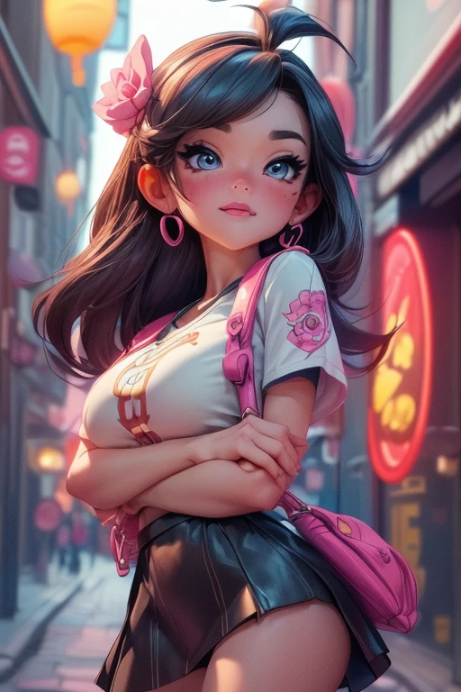 ((masterpiece, best quality, perfect eyes, perfect face, perfect anatomy, perfect lighting , ((Busty Bitches)), 1girl(1 teen)))  Ecchi chibi Pokemon girl in miniskirt , colourful clothes, located in nighttime dark alley of town,