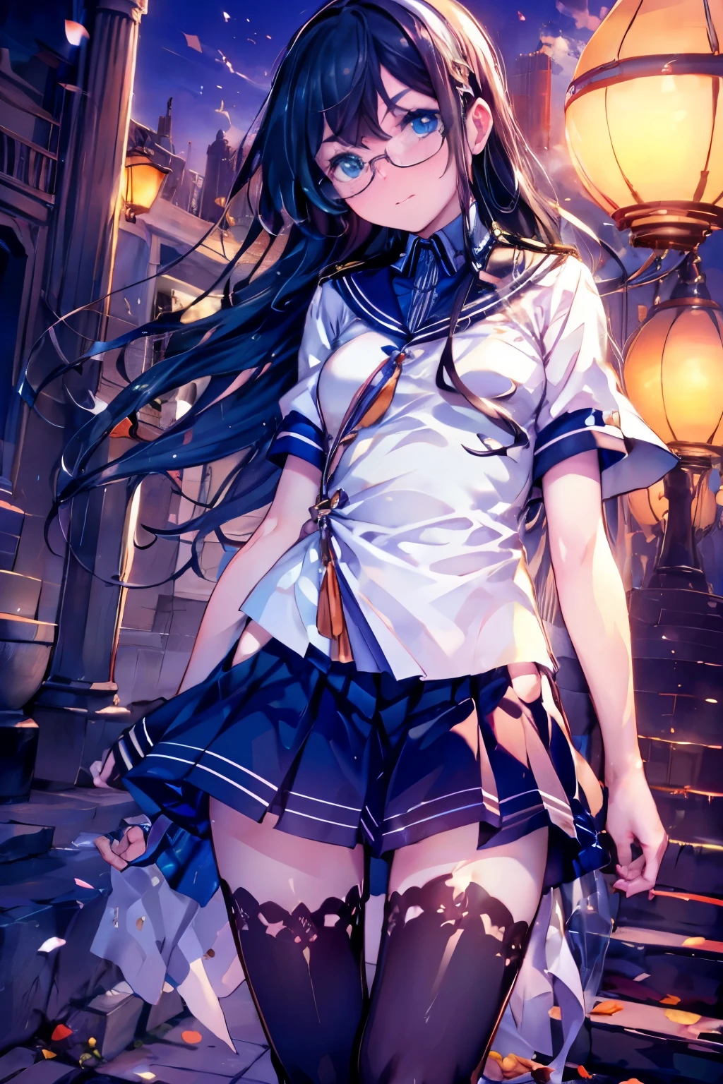 Browsing Caution((masterpiece)),((Highest quality)),((Ultra-high resolution)),((Highest Resolution)),((Very detailed build)),((Professional Lighting)),((upper body)),((on the breakwater)),((Standing posture)),Kantai Collection,Oyodo,((Kissing the camera:1.4)),Professional Lighting,close your eyes,Black straight hair,hair band,((Small breasts)),((Flip up the skirt)),((Glasses)),boots,White uniform,Navy Blue Skirt,