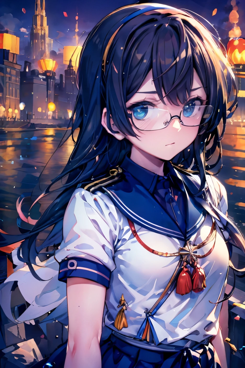 Browsing Caution((masterpiece)),((Highest quality)),((Ultra-high resolution)),((Highest Resolution)),((Very detailed build)),((Professional Lighting)),((upper body)),((on the breakwater)),((Standing posture)),Kantai Collection,Oyodo,((Kissing the camera:1.4)),Professional Lighting,close your eyes,Black straight hair,hair band,((Small breasts)),((Flip up the skirt)),((Glasses)),boots,White uniform,Navy Blue Skirt,