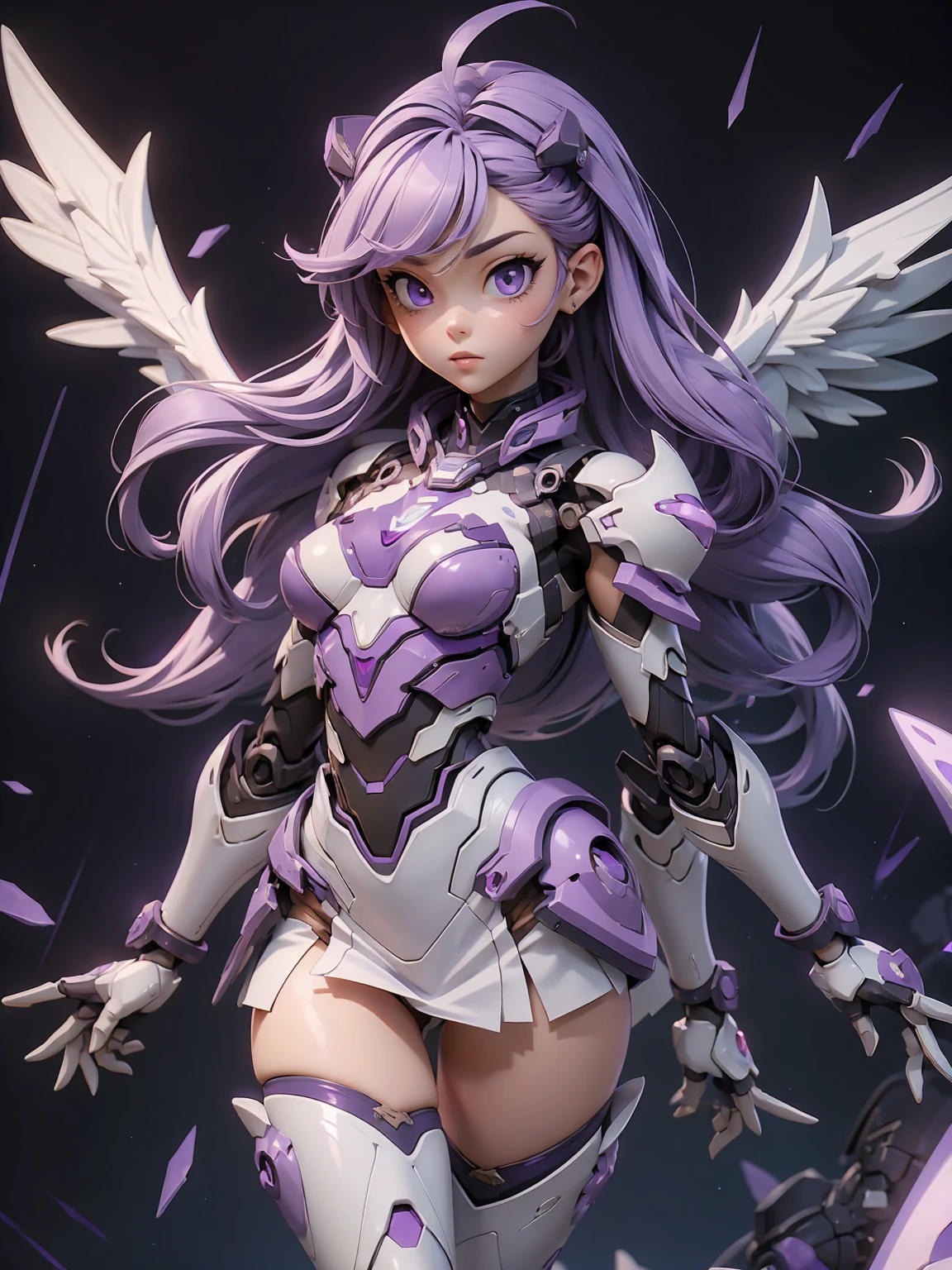 1girl, masterpiece, best quality, (nude:0.5), short stylish hair, Mecha, mecha wings, purple eyes, light particles, panty peek, (purple:1.3), best quality, ultra detailed, realistic, (full body shot:1.6)