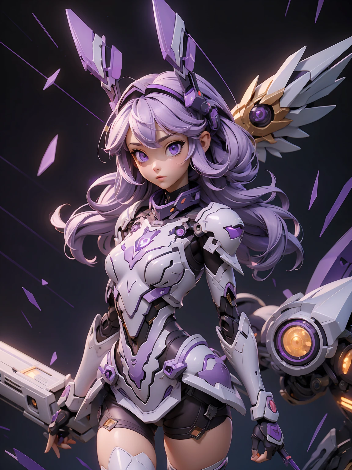 1girl, masterpiece, best quality, (nude:0.5), Mecha, mecha wings, purple eyes, light particles, panty peek, (purple:1.3), best quality, ultra detailed, realistic
