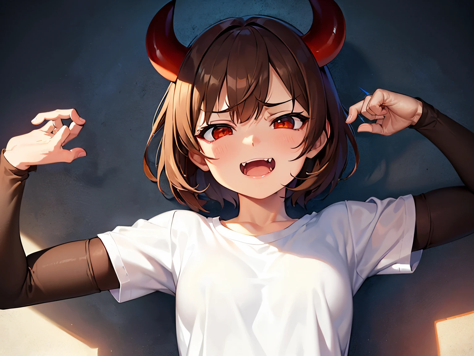 (SFW:1.5),(Small breasts:1.3),beautiful, masterpiece, Highest quality, anime, 1 Female, alone, look at viewer, Intricate details, (Shining Eyes:1.3),(Beautifully detailed eyes:1.1),(Eyes are bright red:1.5),(short hair:1.5),(sidelocks:1.4),(Demon horns on head:1.5),(Brown Hair:1.5), (slant eyes), Cheerful eyes,(Mouth wide open and fangs:1.3),(White sleeveless shirt:1.5),(jeans:1),(Sharp focus:1.2),from front,(light smile:1),(upper body:2),(aggressive),off shoulder,(fighting stance:1.5),