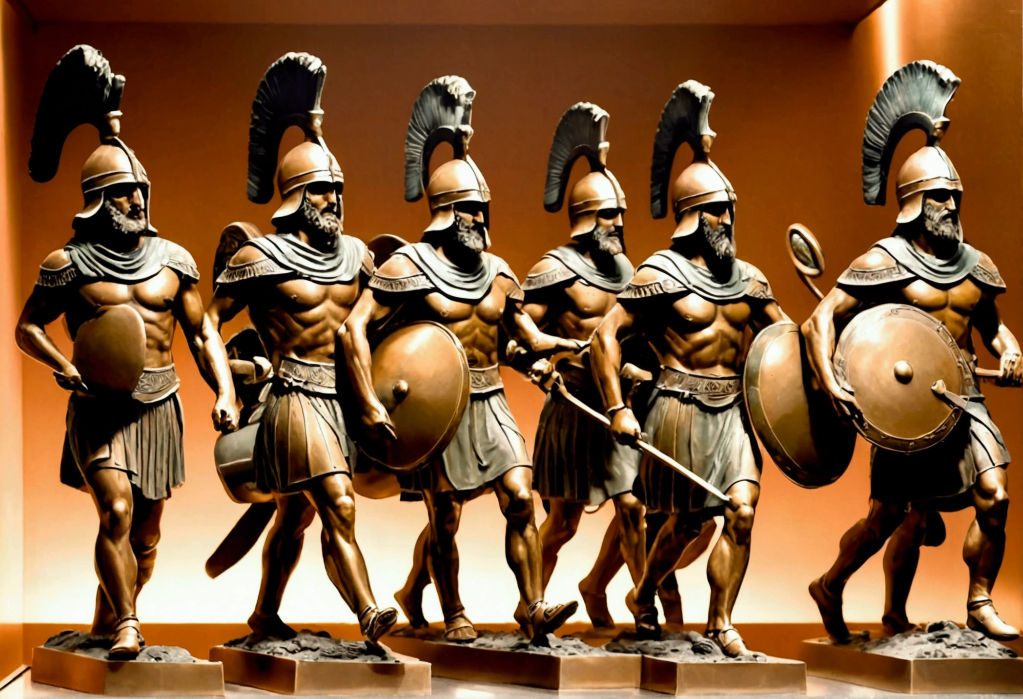 Grecian urn, highly stylized, Greek hoplites march to war, painted in Bronze, museum display case