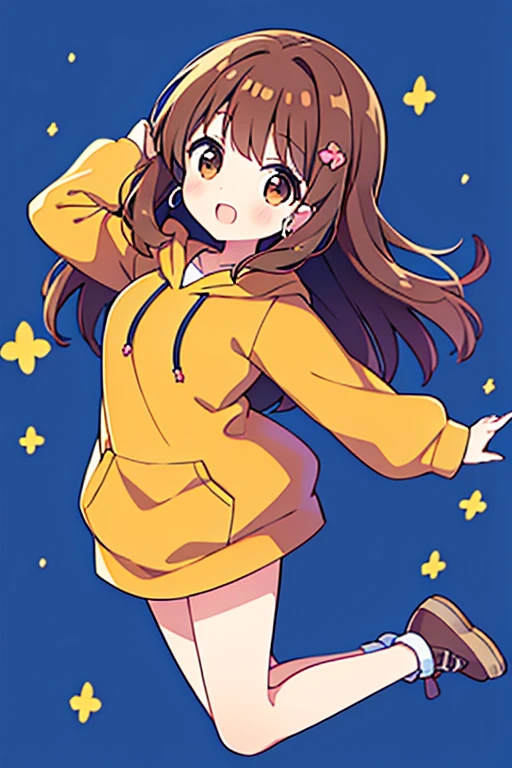 A woman, Brown hair, medium hair,beautiful,Flower Earrings Hair Ornaments, Dear Kurt, 8k resolution, 8K quality, Blue background, Brown eyes, jumping,large yellow hoodie,SD Character,whole body,at the feet