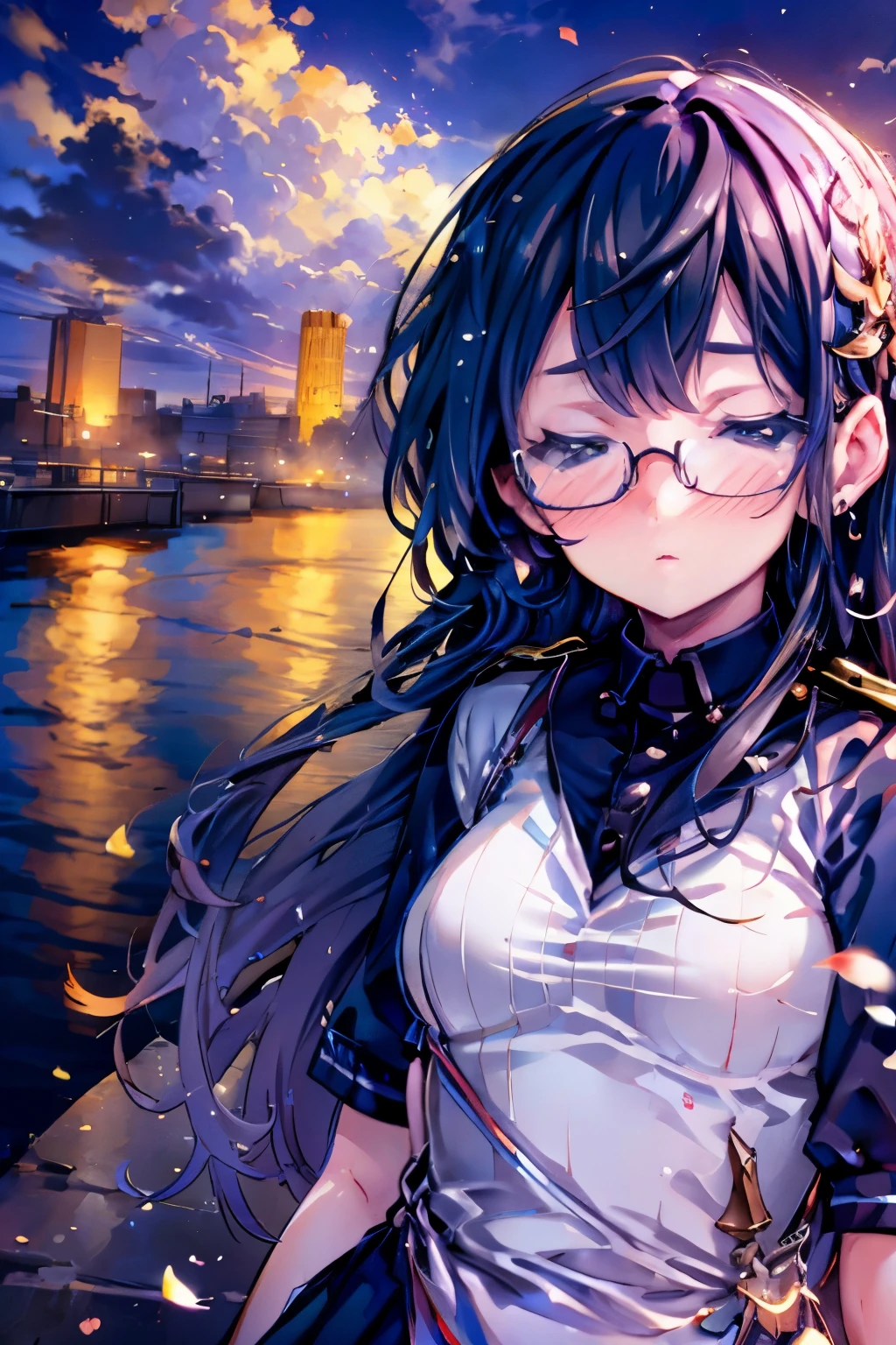 Browsing Caution((masterpiece)),((Highest quality)),((Ultra-high resolution)),((Highest Resolution)),((Very detailed build)),((Professional Lighting)),((face focus)),((on the breakwater)),((Standing posture)),Kantai Collection,Oyodo,((Kissing the camera:1.4)),Professional Lighting,close your eyes,Black straight hair,hair band,((Small breasts)),((Flip up the skirt)),((Glasses)),boots,White uniform,Navy Blue Skirt,