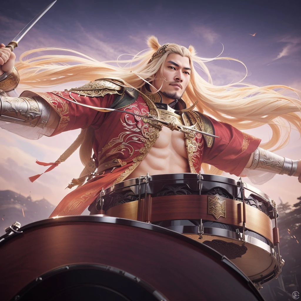 realistic caracter a close up of a person with a drum and a sword, extremely detailed artgerm, keqing from genshin impact, heise jinyao, sakimichan frank franzzeta, by Yang J, zhongli from genshin impact, by Qu Leilei, rossdraws cartoon vibrant, ig model | artgerm, inspired by Huang Shen sispax