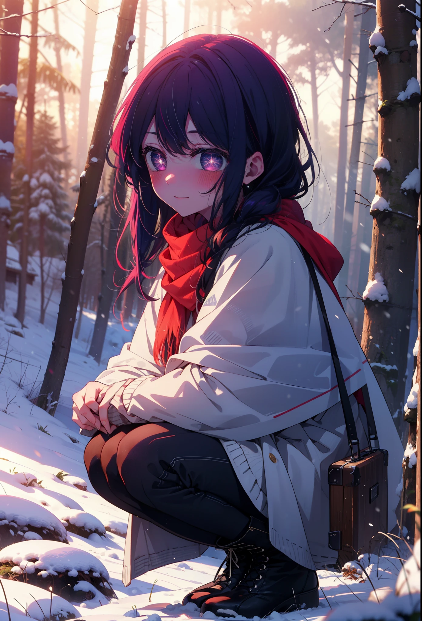 aihoshino, Ai Hoshino, Long Hair, bangs, (Purple eyes:1.1), Purple Hair, (Symbol-shaped pupil:1.5), smile,,smile,blush,white breath,
Open your mouth,snow,Ground bonfire, Outdoor, boots, snowing, From the side, wood, suitcase, Cape, Blurred, , forest, White handbag, nature, Squat, Mouth closed, Cape, winter, Written boundary depth, Black shoes, red Cape break looking at viewer, Upper Body, whole body, break Outdoor, forest, nature, break (masterpiece:1.2), Highest quality, High resolution, unity 8k wallpaper, (shape:0.8), (Beautiful and beautiful eyes:1.6), Highly detailed face, Perfect lighting, Highly detailed CG, (Perfect hands, Perfect Anatomy),