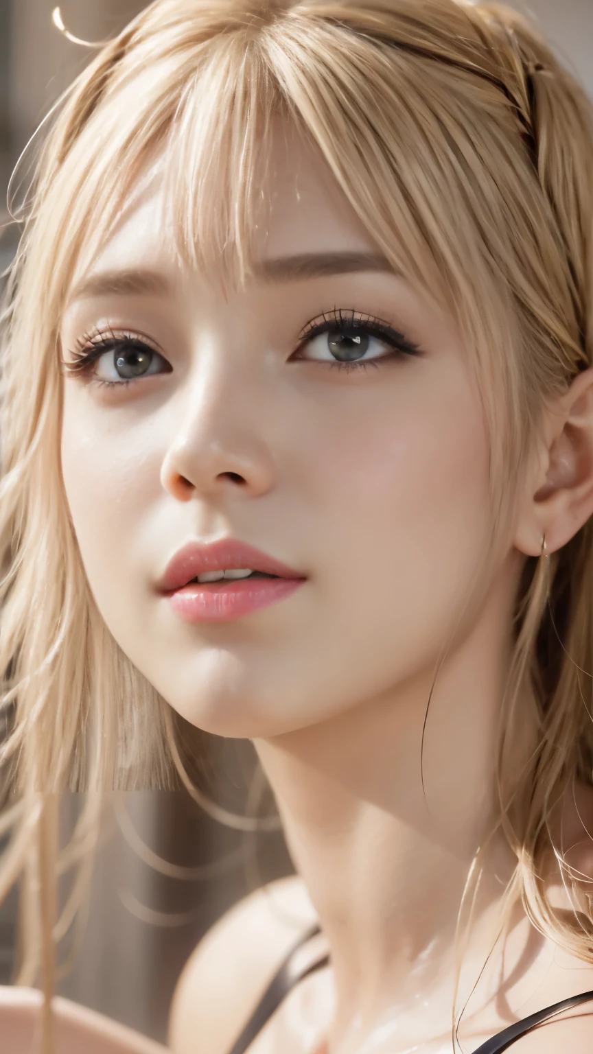Realistic, masterpiece, highest quality, Highest Resolution, Japanese , 16 years old, Upper body photo, She narrowed her eyes.、Looking at me with a shy smile, Laughing with your mouth open, Beautiful and detailed eye drawing, (Droopy eyes:1.3), Iris, Thin eyebrows, Draw eyelashes carefully, Small teeth visible, Gal Makeup,  (Blonde, Medium Hair, middle part:1.3), (Hidden eyelid wrinkles:1.3), He&#39;s wearing a neat white button-up shirt.., She is wearing a short, grey, checked pleated skirt., A was photographed diagonally from below, School classroom,(head shot:1.5)