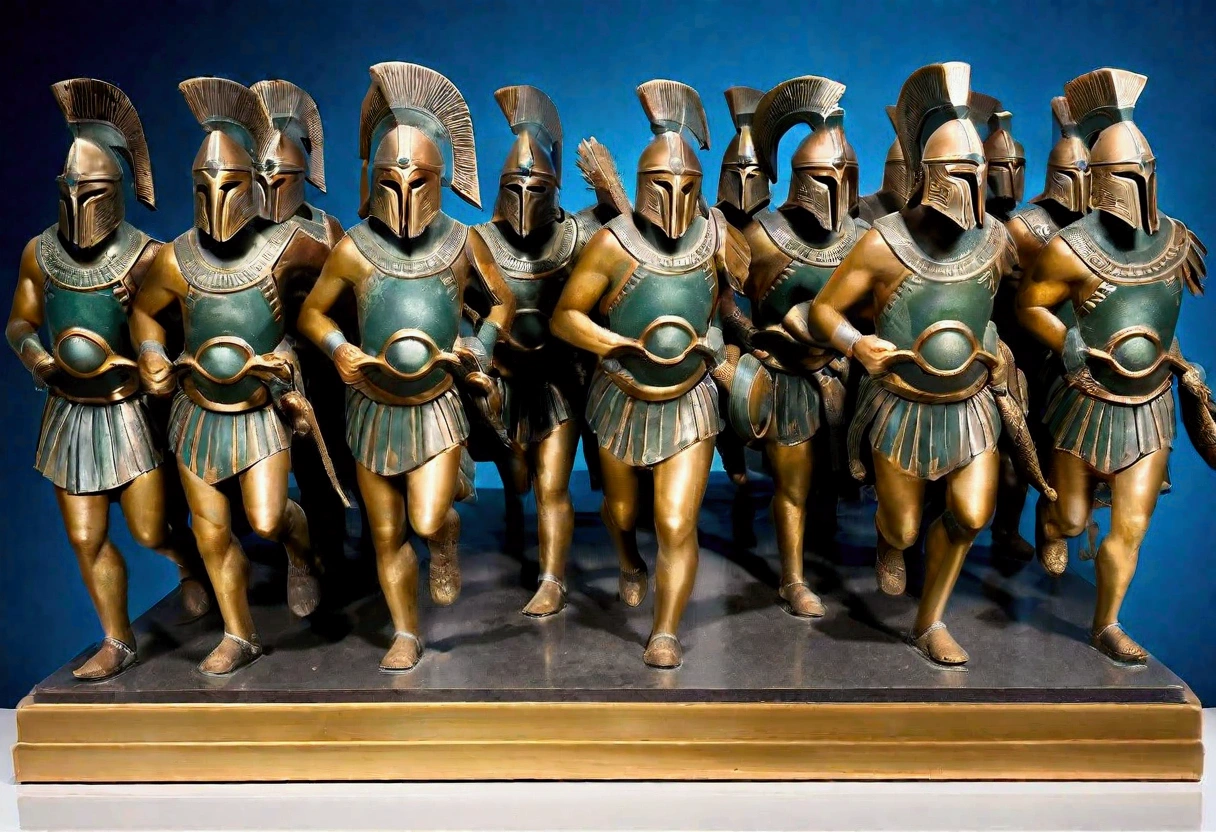 Grecian urn, highly stylized, Greek hoplites march to war, painted in Bronze, museum display case