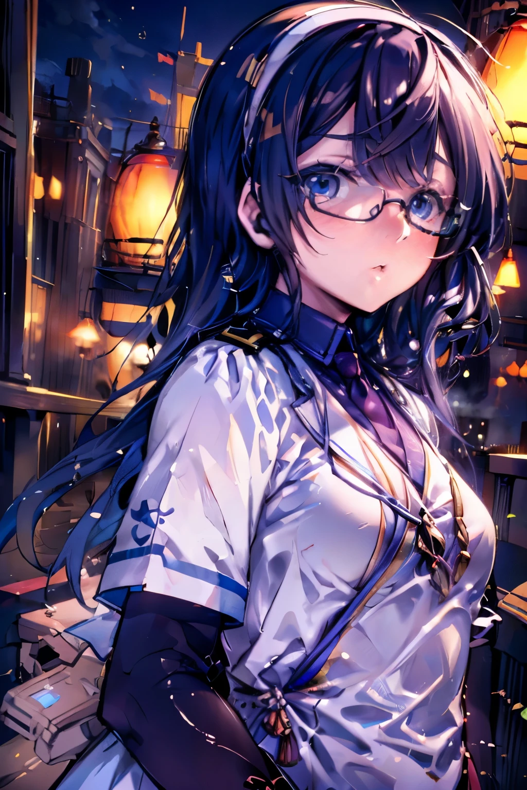 Browsing Caution((masterpiece)),((Highest quality)),((Ultra-high resolution)),((Highest Resolution)),((Very detailed build)),((Professional Lighting)),((Bust Shot)),((on the breakwater)),((Standing posture)),Kantai Collection,Oyodo,((Kissing the camera:1.4)),Professional Lighting,close your eyes,Black straight hair,hair band,((Small breasts)),((Glasses)),White uniform,