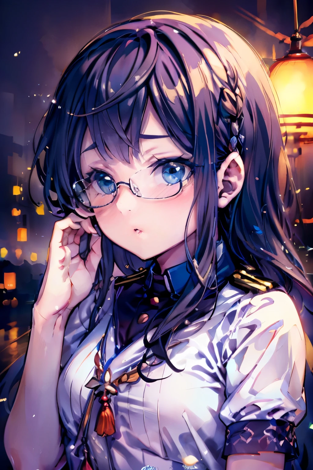 Browsing Caution((masterpiece)),((Highest quality)),((Ultra-high resolution)),((Highest Resolution)),((Very detailed build)),((Professional Lighting)),((Bust Shot)),((on the breakwater)),((Standing posture)),Kantai Collection,Oyodo,((Kissing the camera:1.4)),Professional Lighting,close your eyes,Black straight hair,hair band,((Small breasts)),((Glasses)),White uniform,