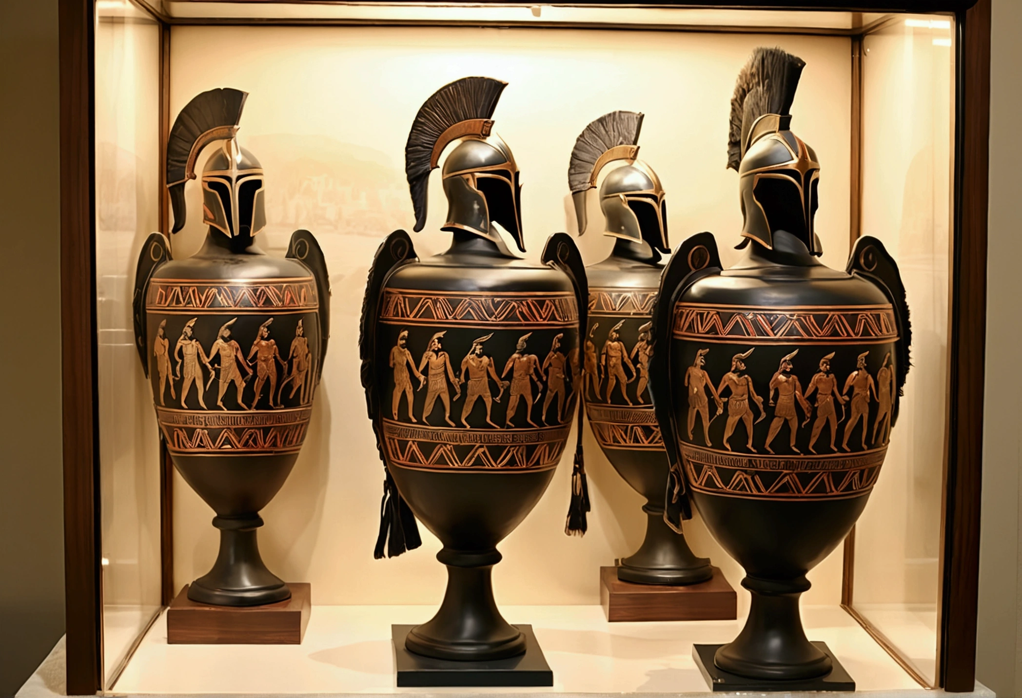 Grecian urn, highly stylized, Greek hoplites march to war, painted in Bronze, museum display case