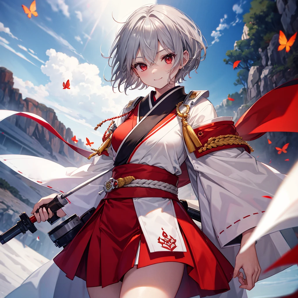 (((((1 person Gray Hair、short hair、Red Sideburns White and red clothes、shoulder))))) ((((High resolution Put the sheath on your waist Visible thighs)))) (((Black Belt warrior military commander、Close-up smile Red eyes))) ((Bright red butterfly night Japanese style Surrounded by mountains Shining Aura garden、water surface Catch the wind)) (Shining Background、Asahi Shining Edges)