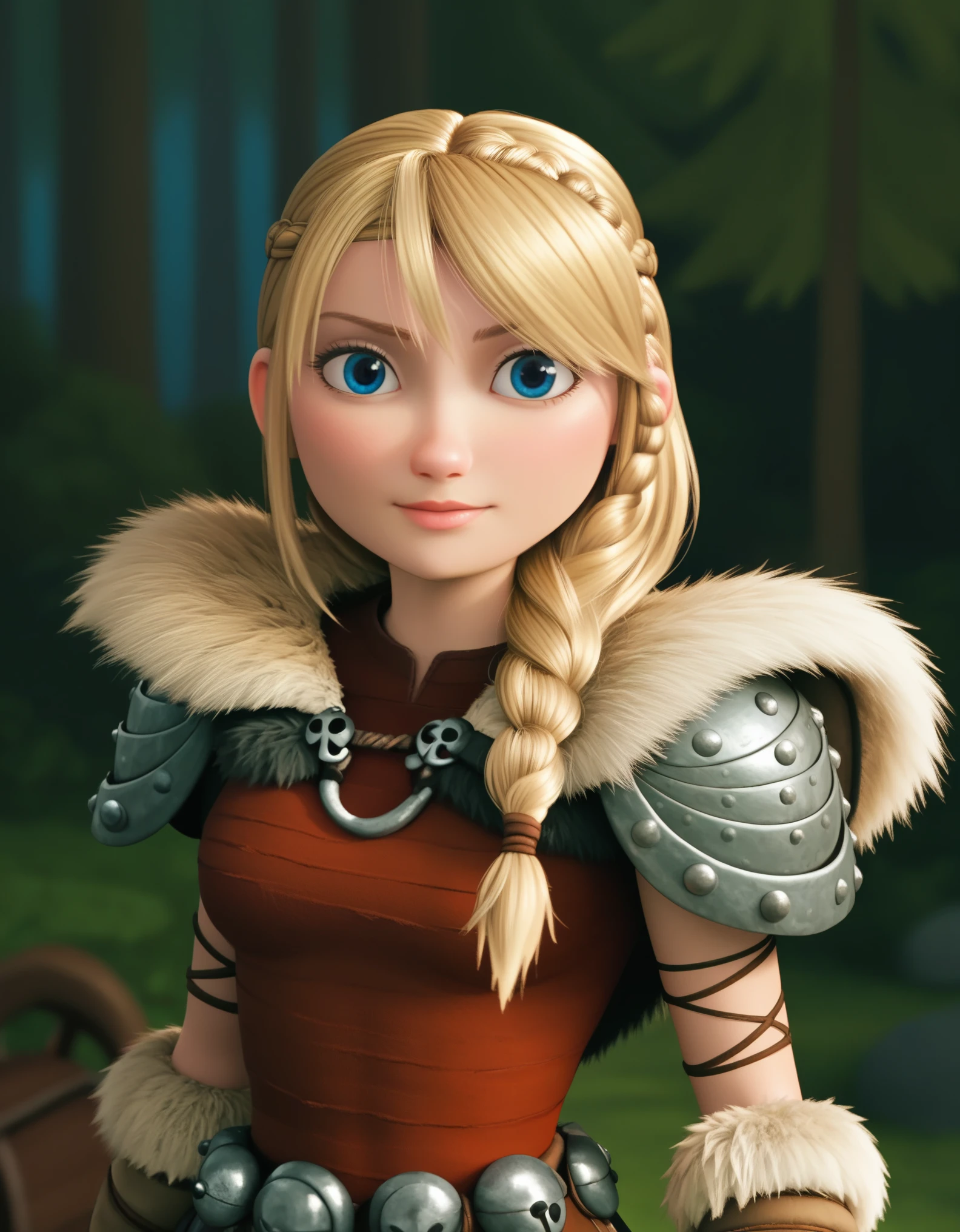 score_9, score_8_up, BREAK, ASTRIDHOFFERSON, 1girl, solo, blonde hair, braid, Long hair, blue eyes, fur trim, shoulder armor, armor, pauldron, depth of field, forest,