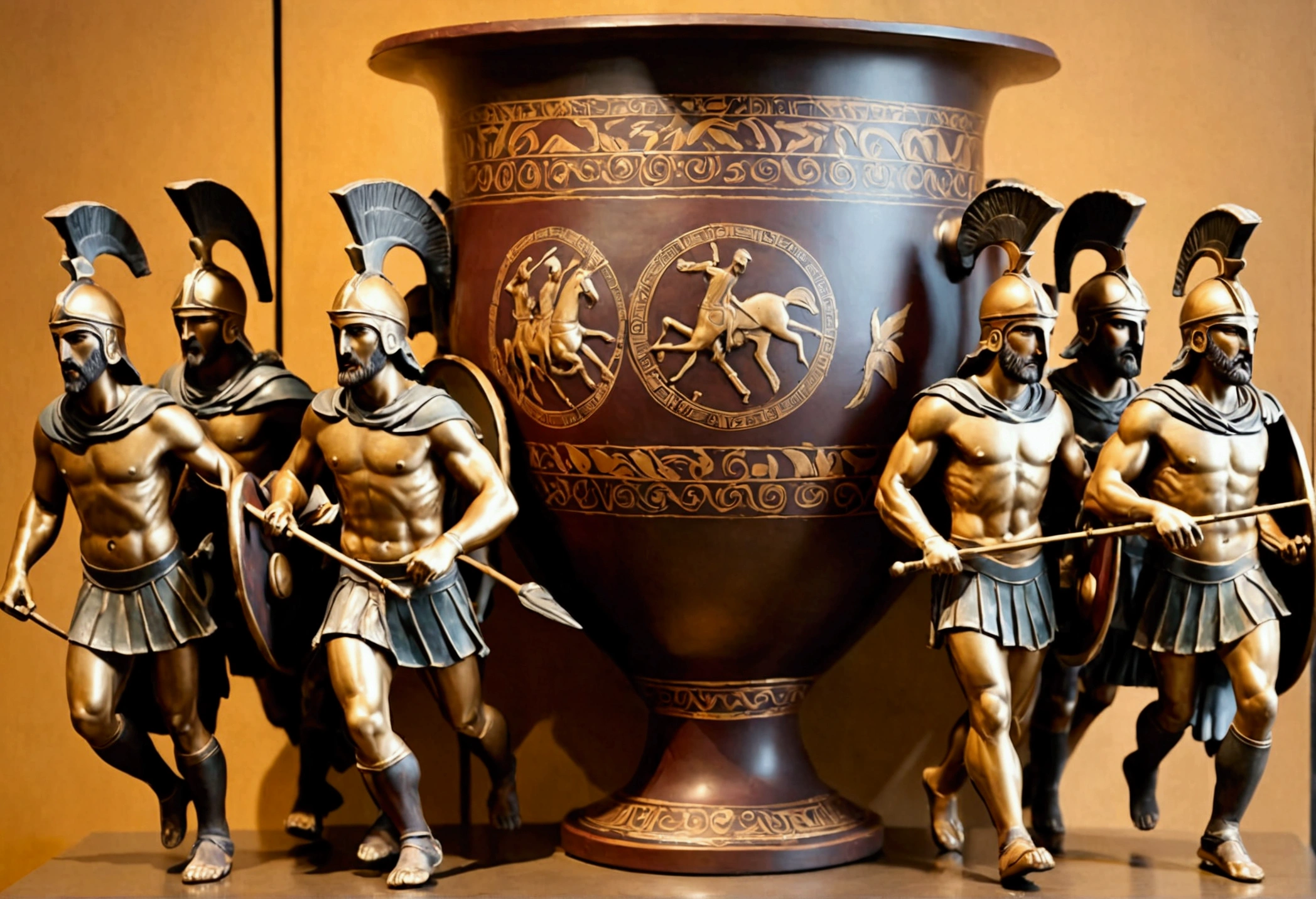 Grecian urn, highly stylized, Greek hoplites march to war, painted in Bronze, museum display case
