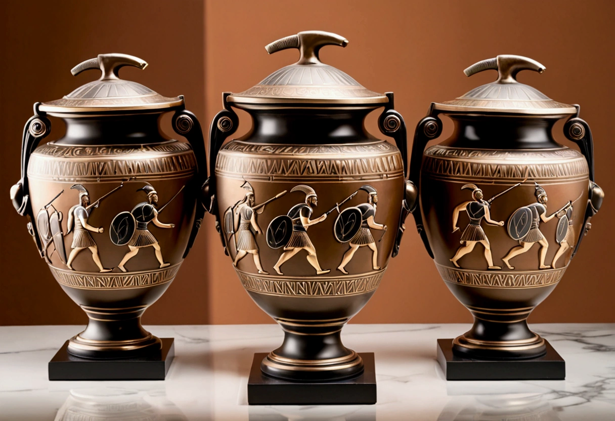 Grecian urn, highly stylized, Greek hoplites march to war, painted in Bronze, museum display case
