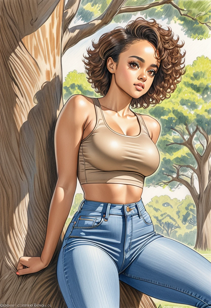 A colored pencil sketch of A beautiful woman, A light brown skin tight spandex top, large heaving breasts, skin tight highrise jeans. curvy, thin-waist, wide-hips, swaying-hips. mash up of  Nathalie Emmanuel.. She is sitting seductively under a live oak tree.
