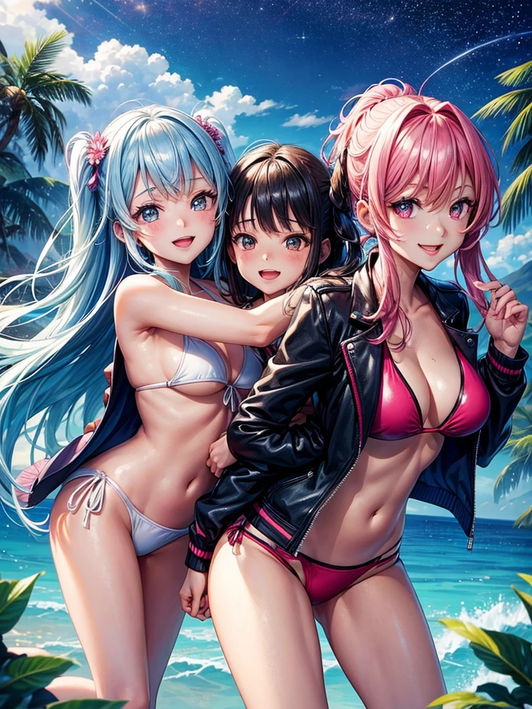 best quality,,smile,blazer,swimsuit,nepal,Swimwear,bikini,High-dimensional beautiful girl,Multidimensional beautiful girl,Several girls are depicted,leather jacket,They are hugging each other,Colorful,Different world,Collective of girls,JK,可愛いSwimwear,future,Sexy and cute,New generation,futureのbikini,Evolution of fashion,middle School girlultiple girls are depicted,harem,idol group,starry sky background,photo shoot,long hair,wearing a cardigan,beautiful girlの国,girl's paradise,highest quality,big breasts,leather jacket,happy girl,horny girl,Blue eyes,perfect face,standing position,She has her bangs down,fur jacket,Beautiful eyes,smooth hair,perfect eyes,beautiful girl,Angel,Angel Girl,multicolored hair colors,naughty girl,beautiful,High-dimensional beautiful girl,Multidimensional beautiful girl,Zippered hoodie gathering,Group、,