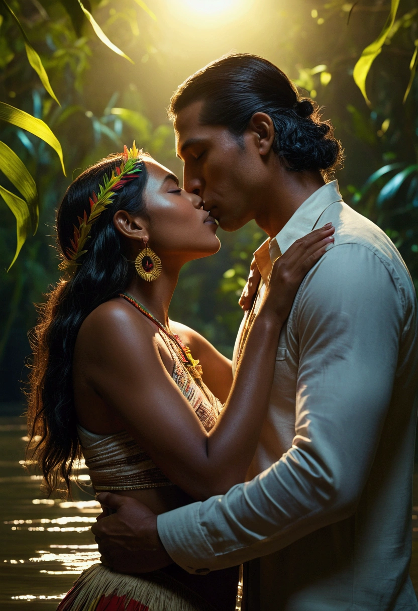 A cinematic poster of "In the foreground, a woman with indigenous Brazilian features and a tall man are passionate kissing and embracing each other lovingly. Lips touching, They are immersed up to their chests in the crystal clear waters of the Amazon River. The scene shows their connection, with the gentle ripples of the river and the soft moonlight illuminating their skin. In the background, a festive, tree-lined city is illuminated by colorful lights, showing the lively atmosphere of a festive night. The contrast between the serene moment of the couple and the vibrant city adds depth to the image, making it romantic and lively. free hair. A detailed and cinematic portrait of a couple with indigenous Brazilian features, at a vibrant night festival near the Amazon River. Emphasis on 3D visuals in 8K resolution, blending romance and cultural atmosphere." Low angle shot, epic composition, detailed face, dynamic pose. cinematic lighting, vibrant jungle.