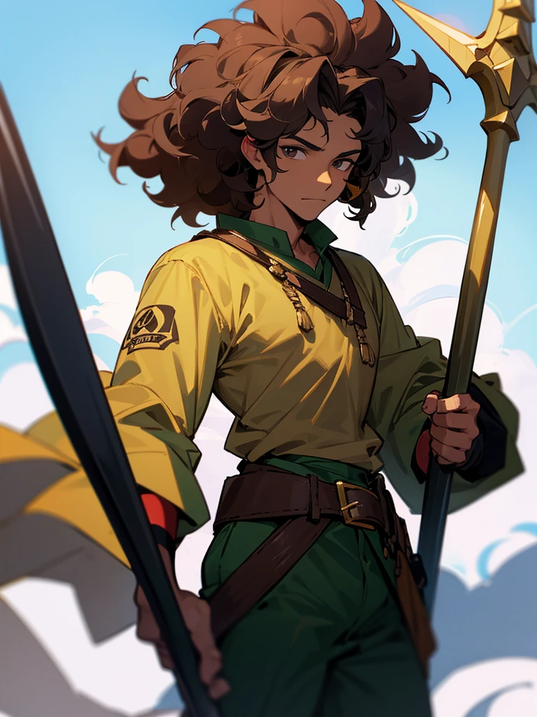 a Jamaican guy with curly hair holding a halberd