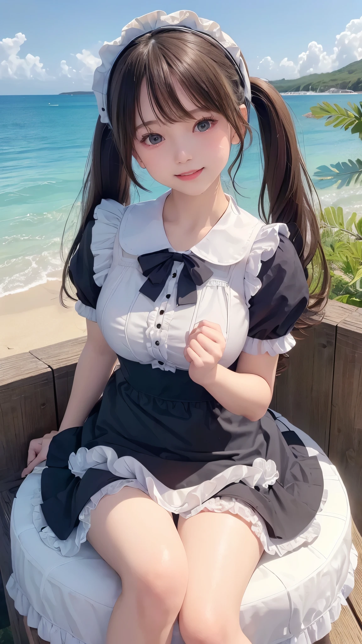 ((masterpiece)), ((highest quality、Ultra high definition)), (Very detailed),8K、Photo quality、((Amazingly cute girl)), -yeld gi Two people, , (Beautiful emerald blue eyes), ((smile)),In the open-air bath overlooking the sea, Beautifully arranged black hair in twin tails、whole body、(Super high-end white see-through summer gothic lolita maid costume、A super mini skirt with lots of frills)、Professional Lighting、(White lace knee-highs)、