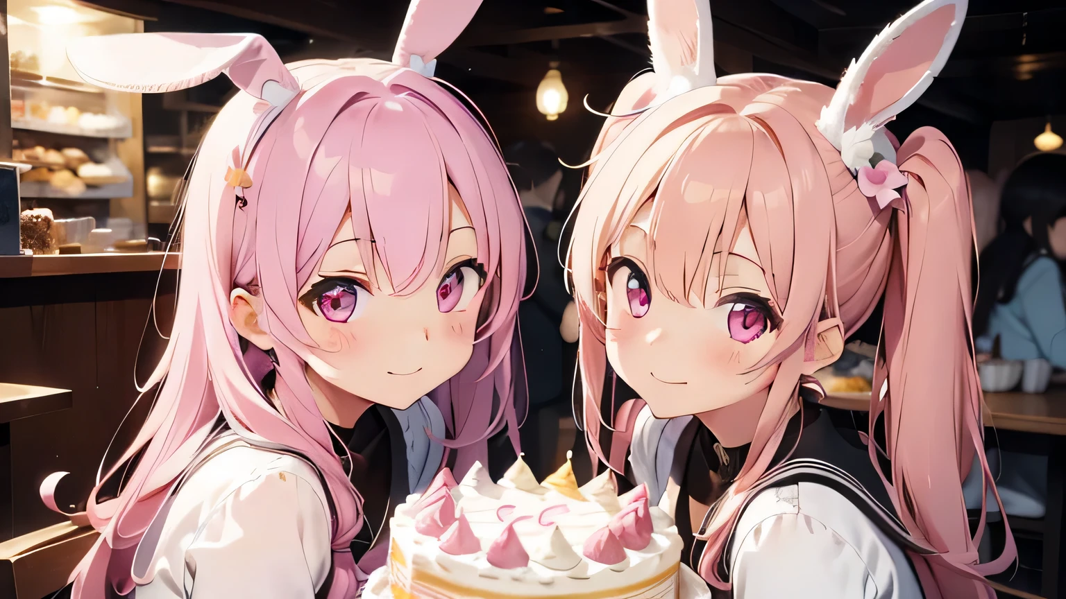 Highest quality, pretty girl, pastel colour, Fluffy bunny ears, Pink long hair,Pale pink eyes,Twin tails、birthday,Happy,cake