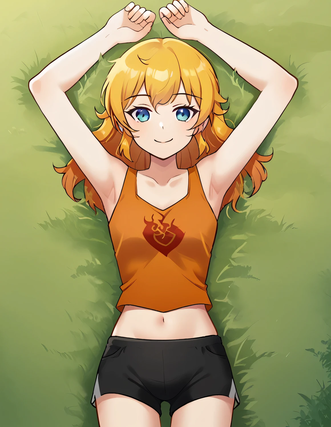 YangPajamas, black shorts, orange tank top, midriff, barefoot, high quality, solo, 1girl, lying, on back, spread arms, arms up, on grass, (contrapposto), closed mouth, spread armpits, (cowboy shot:1.5), looking at viewer, best quality, smile,