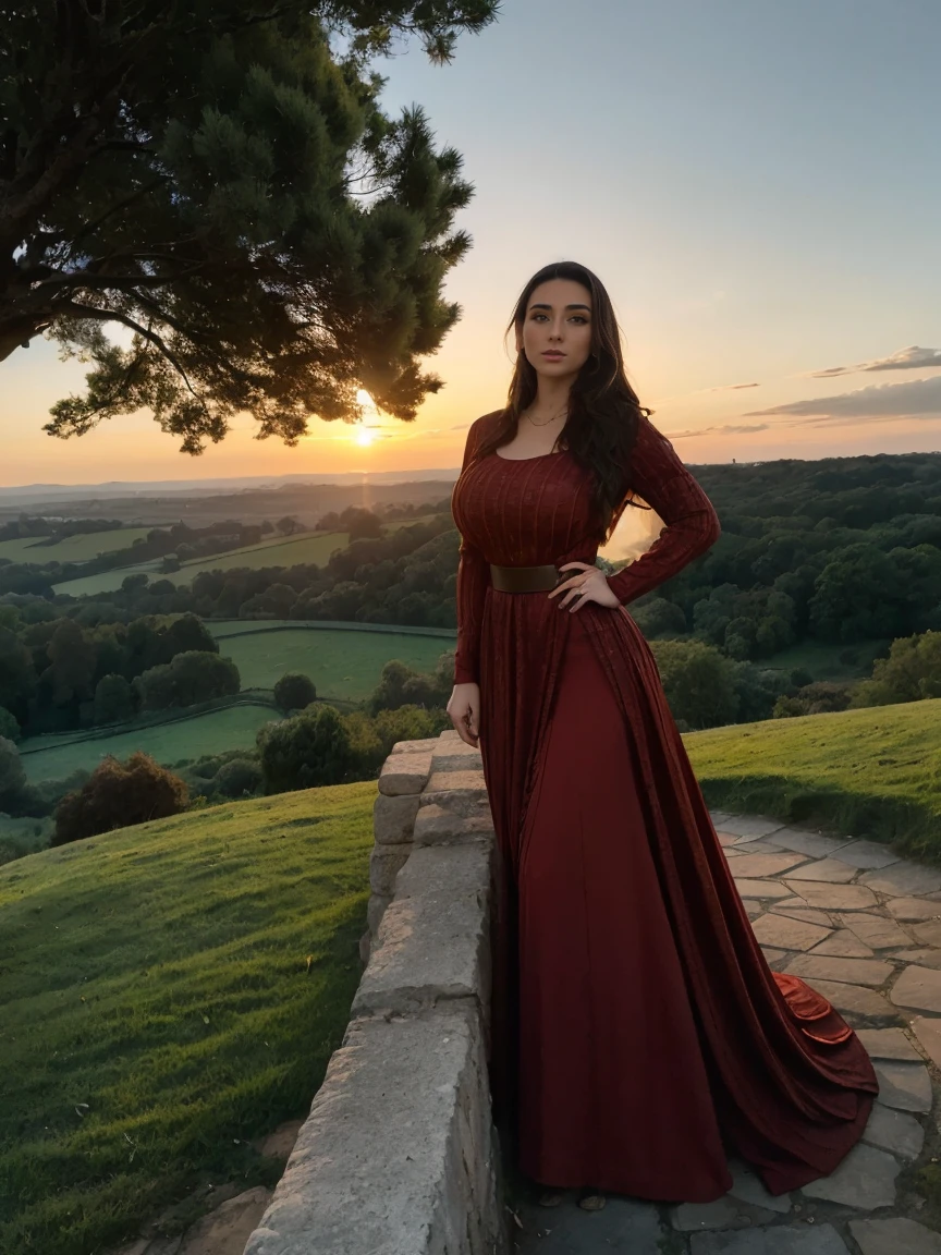 Gorgeous and sultry busty athletic (thin) brunette queen with sharp facial features wearing a modest updo, dark red medieval dress, long sleeves, intricate patterns, scrollwork, wide neck, crown, veil, long dress, modest dress, tight bodice, silver belt, (waist chain), medieval jewelry, Middle Ages, castle, rampart, wall, exterior, on top of a castle wall, trees, countryside, evening, sunset.