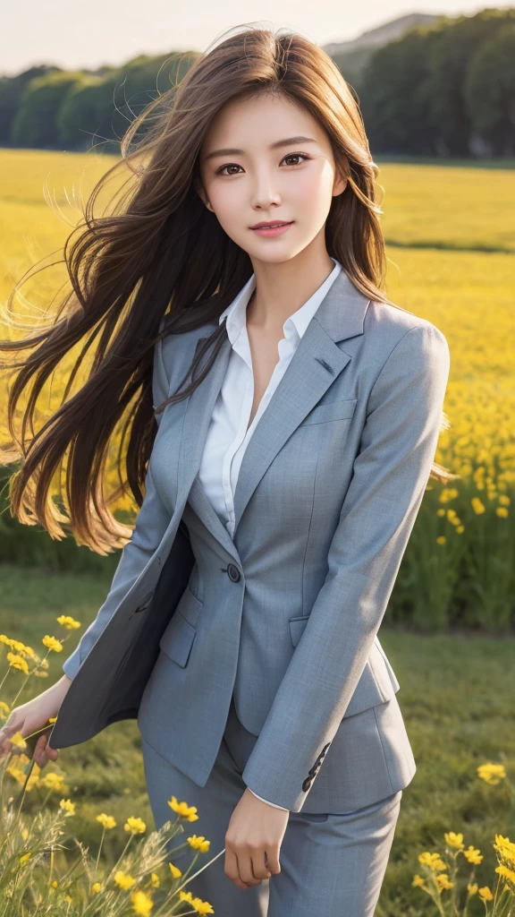 highest quality、genuine、Super detailed、finely、High resolution、8k wallpaper、one beautiful woman、、、light brown disheveled hair、wearing a business suit、sharp focus、perfect dynamic composition、beautiful and detailed eyes、thin hair、Detailed genuine skin texture、smile、model body shape、In a windswept meadow