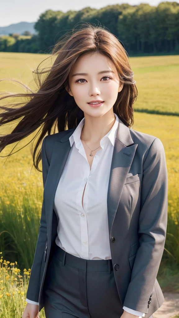highest quality、genuine、Super detailed、finely、High resolution、8k wallpaper、one beautiful woman、、、light brown disheveled hair、wearing a business suit、sharp focus、perfect dynamic composition、beautiful and detailed eyes、thin hair、Detailed genuine skin texture、smile、model body shape、In a windswept meadow