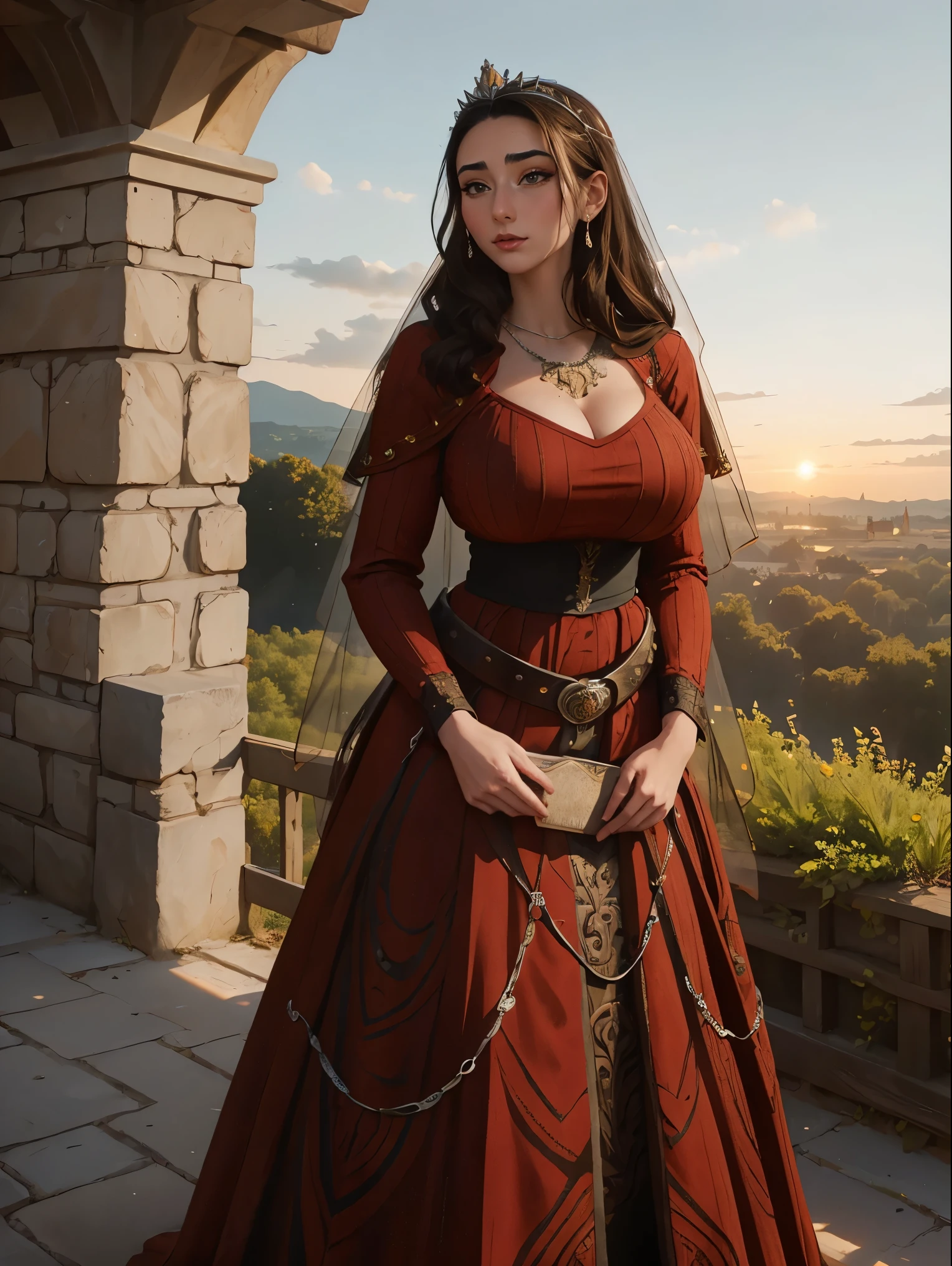 Gorgeous and sultry busty athletic (thin) brunette queen with sharp facial features wearing a modest updo, dark red medieval dress, long sleeves, intricate patterns, scrollwork, wide neck, crown, veil, long dress, modest dress, tight bodice, silver belt, (waist chain), medieval jewelry, Middle Ages, castle, rampart, wall, exterior, on top of a castle wall, trees, countryside, evening, sunset.