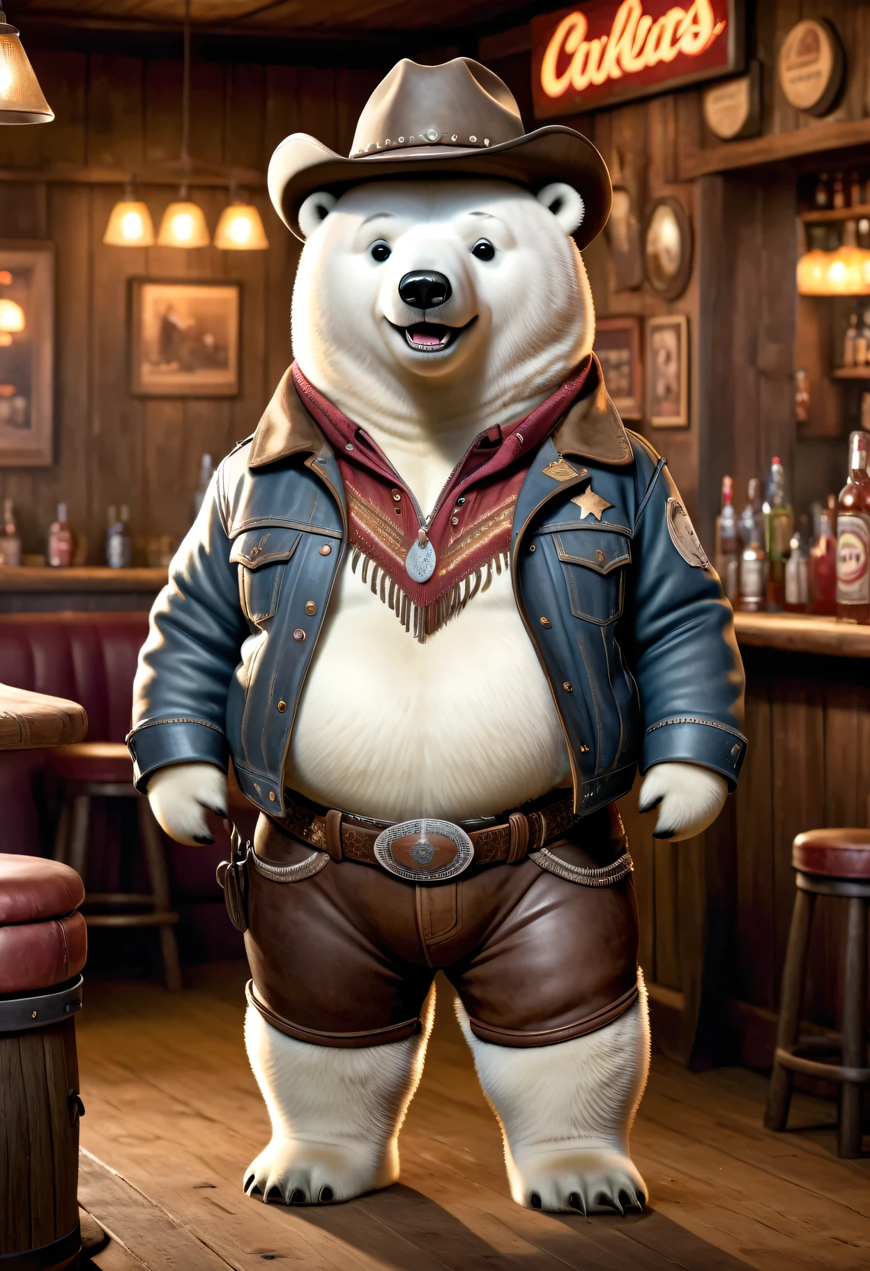 photorealistic portrait of Dressed animals - a ((fat)) baby (polar bear) cowboy, (sharp teeth),(full body image:2.0),(brave pose:1.5) Wearing cowboy clothes and hat,(wearing leather pants and jacket),(hands on hips:1.5),(happy),(smile:1.5), Old-fashioned cowboy fashion, in western movie bar background, , western style bar background,(looking at viewer:1.5),score_9, score_8_up, score_7_up, score_6_up, score_5_up, score_4_up,