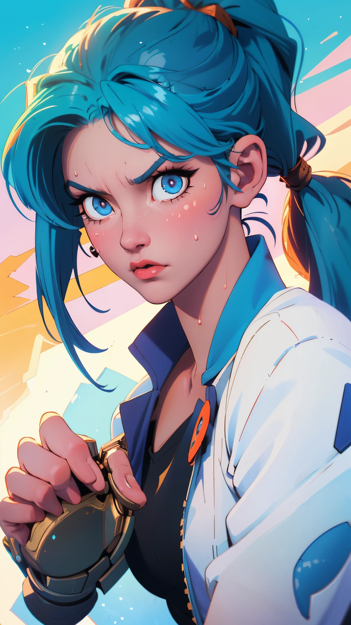 ((((masterpiece, best quality, high resolution)))), Extremely detailed 8K, 1 female, (Bulma from Dragon Ball) wearing a white jacket, (Ultra HD, Ultra-detailed, Highly detailed, Highly realistic, Ultra-realistic, photograph realistic), (1girl:1.5), (Realistic pony tail, blue hair), (dynamic poses), facing at camera, looking at viewer, (a serious focus face), (regular blue eyes, sharp eyes), (perky breasts:1.2), (beautiful detailed face, beautiful detailed eyes), ((slightly sweating)), (working on a mechanical invention), sweat, glow, (sunbeam, sunlight), ((cowboy shot)), laboratory background, seductive, EnvyBetterHands LoCon,