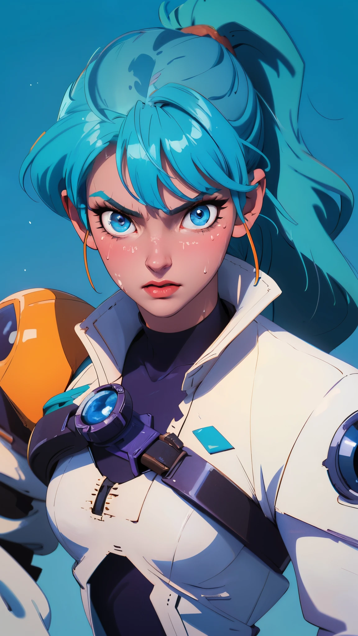 ((((masterpiece, best quality, high resolution)))), Extremely detailed 8K, 1 female, (Bulma from Dragon Ball) wearing a white jacket, (Ultra HD, Ultra-detailed, Highly detailed, Highly realistic, Ultra-realistic, photograph realistic), (1girl:1.5), (Realistic pony tail, blue hair), (dynamic poses), facing at camera, looking at viewer, (a serious focus face), (regular blue eyes, sharp eyes), (perky breasts:1.2), (beautiful detailed face, beautiful detailed eyes), ((slightly sweating)), (working on a mechanical invention), sweat, glow, (sunbeam, sunlight), ((cowboy shot)), laboratory background, seductive, EnvyBetterHands LoCon,