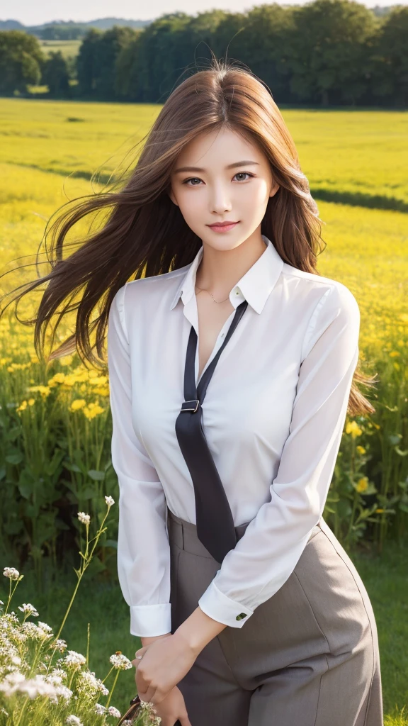 highest quality、genuine、Super detailed、finely、High resolution、8k wallpaper、one beautiful woman、、、light brown disheveled hair、wearing a business suit、sharp focus、perfect dynamic composition、beautiful and detailed eyes、thin hair、Detailed genuine skin texture、smile、model body shape、In a windswept meadow