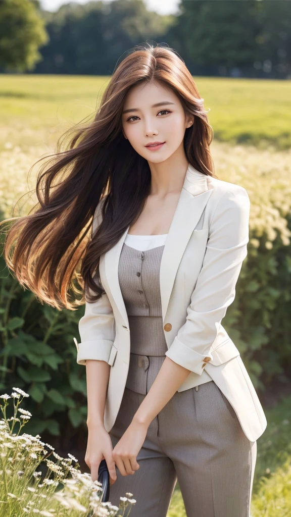 highest quality、genuine、Super detailed、finely、High resolution、8k wallpaper、one beautiful woman、、、light brown disheveled hair、wearing a business suit、sharp focus、perfect dynamic composition、beautiful and detailed eyes、thin hair、Detailed genuine skin texture、smile、model body shape、In a windswept meadow