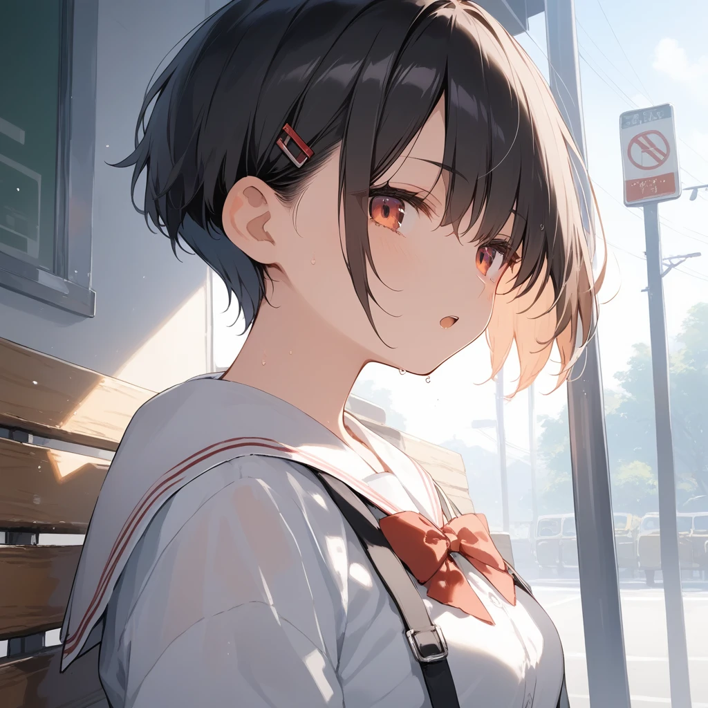 score_9, score_8_up, score_7_up, source_anime, best quality, masterpiece, official art, absurdres, highres, ultra-detailed,waifu2x,Collection: Serious Beauty,break,1girl, very short hair, pixie cut, breasts, beautiful detailed eyes, expressionless, school_uniform, sweat, open mouth, (yawn:0.3), sleepily, outdoors,bus stop, bench, summer, wind, break,(clear line illustration:1.2), super detailed skin,very high resolution, very aesthetic, Best sexual lighting powered by famous artist, 8k, beauty illustration,photoshop_(medium),,(Detailed Lighting),best anime 8k konachan wallpaper, pixiv contest winner, 