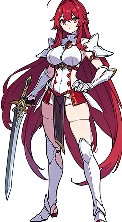 (((Highest quality))) , ((whole body)), woman, Reference Sheet, alone, (white background), Greaves,  Gauntlet, sword , 大sword ,  Thigh height, Loin cloth only, Pale red cloak, Long Hair, pale red hair,  pink, cyan, white,