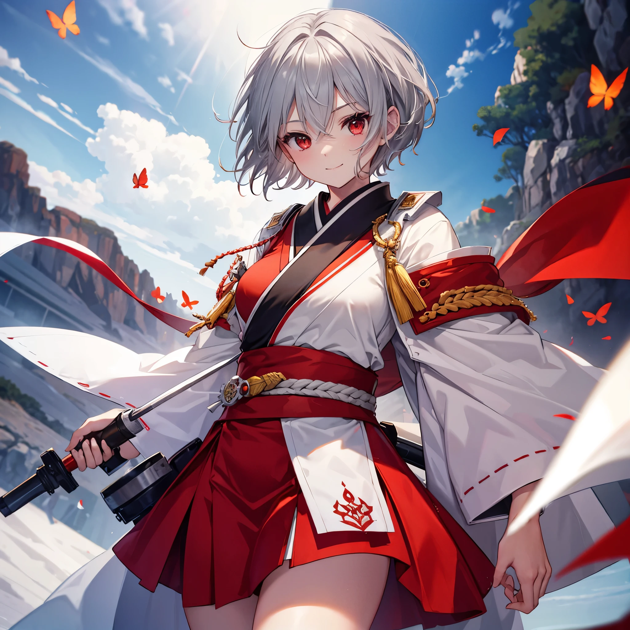 (((((1 person　Gray Hair、short hair、Red Sideburns　White and red clothes、shoulder)))))　((((High resolution　Put the sheath on your waist　Visible thighs))))　(((Black Belt　warrior　military commander、Close-up　smile　Red eyes)))　((Bright red butterfly　night　Japanese style　Surrounded by mountains　Shining Aura　garden、water surface　Catch the wind))　(Shining Background、Asahi　Shining Edges)