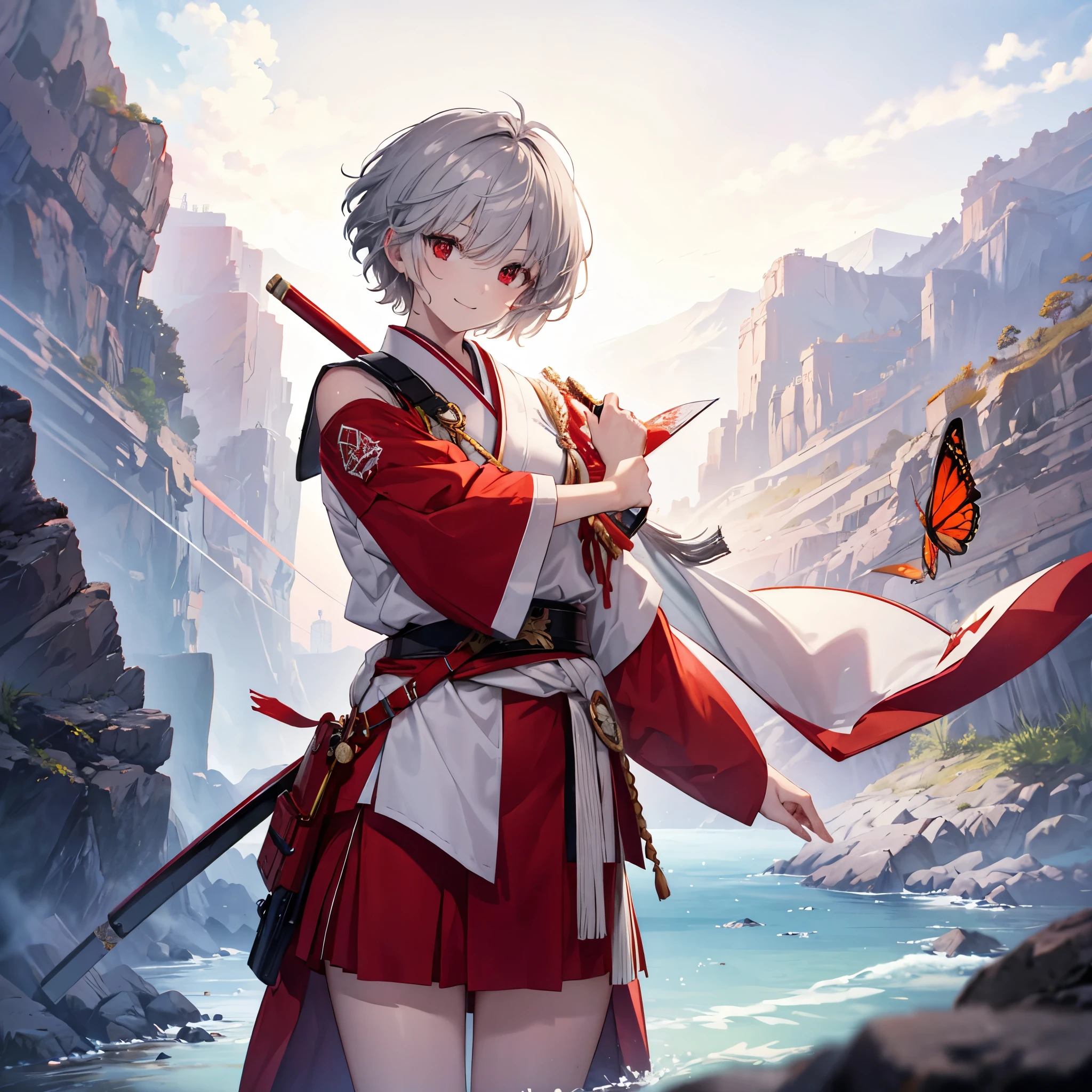 (((((1 person　Gray Hair、short hair、Red Sideburns　White and red clothes、shoulder)))))　((((High resolution　Put the sheath on your waist　Visible thighs))))　(((Black Belt　warrior　military commander、Close-up　smile　Red eyes)))　((Bright red butterfly　night　Japanese style、old　Shining Aura　garden、water surface　full moon　Catch the wind))　(Shining Background　Shining Edges)