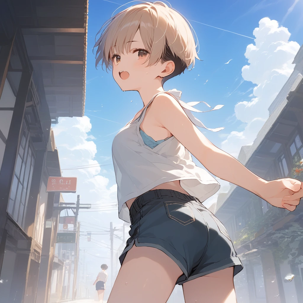 score_9, score_8_up, score_7_up, source_anime, best quality, masterpiece, official art, absurdres, highres, ultra-detailed,waifu2x,Collection: Serious Beauty,break,1girl, tomboy, very short hair, pixie cut, breasts, beautiful detailed eyes, open mouth, (yawn:0.3), sleepily, , shorts, sweat, outdoors, rural, wind, break,(clear line illustration:1.2), super detailed skin,very high resolution, very aesthetic, Best sexual lighting powered by famous artist, 8k, beauty illustration,photoshop_(medium),,(Detailed Lighting),best anime 8k konachan wallpaper, pixiv contest winner,