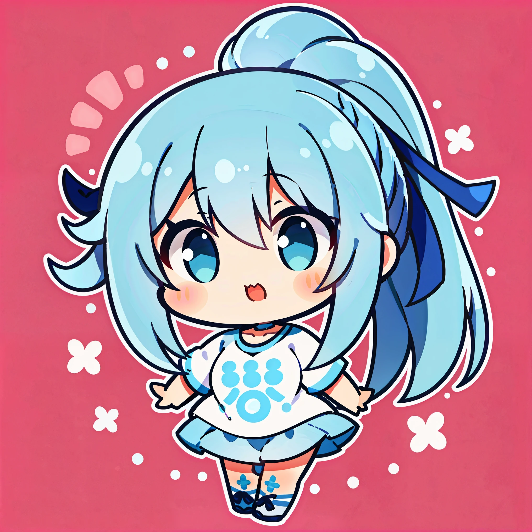 masterpiece, beautiful detailed, 1girl, Cartoon bones, chibi:1, Chibi, (Oversized plain T-shirt), baby blue Eyes, baby blue hair, ponytail, Tickled pink expression, medium breasts, hair intakes, Colorless solid background