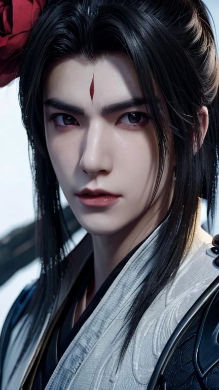 1boy, super handsome, black hair, biting a red rose on his mouth, hanfu style with silver armour