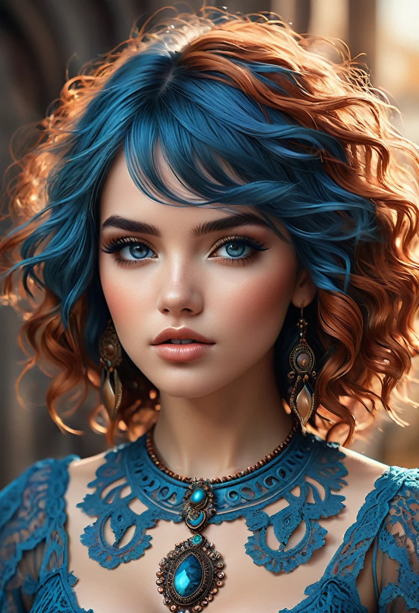 Beautiful boho women stunning merge of Nathalie Emmanuell. with southwestern style dress. blue lace. copper colored hair that is coarse, wiry, and tightly curled. It often has a rough texture, feels stiff to the touch, and may be prone to frizz and tangling. The curls can be densely packed. The Official Art – An Award-Winning Digital Masterpiece In 4K Ultra HD, Extreme Detail And Intricate Realism. symmetrical face. This Concept Art Brought To Life By The Hands Of Artists Like Wlop & Artgerm In A Stunning 2D Vector Illustration. large, perky, full, vuluptious, symmetrical and spherical breasts. Background is a panoramic vista.