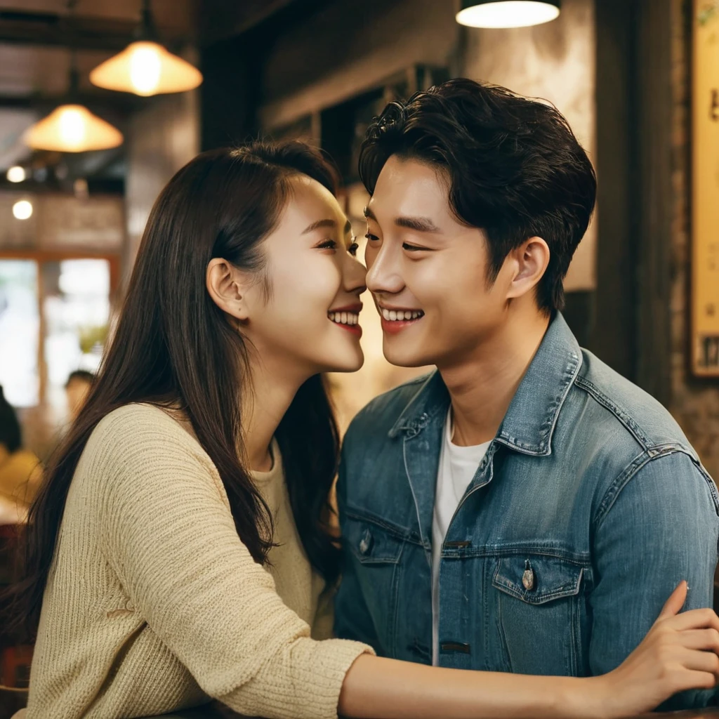 Scene in a cozy cafe in Seoul. mariana, young Brazilian woman, bumps into Jae-sung, Young Korean man. Their eyes meet and shy smiles are exchanged. The cafe&#39;s ambience is decorated in a modern and welcoming Korean style, characterized by dark wood furniture, soft lighting and traditional decor details. Use the &#39;sfumato&#39; painting technique to soften the lines and create a diffused light effect that highlights the cosiness and warm atmosphere of the café