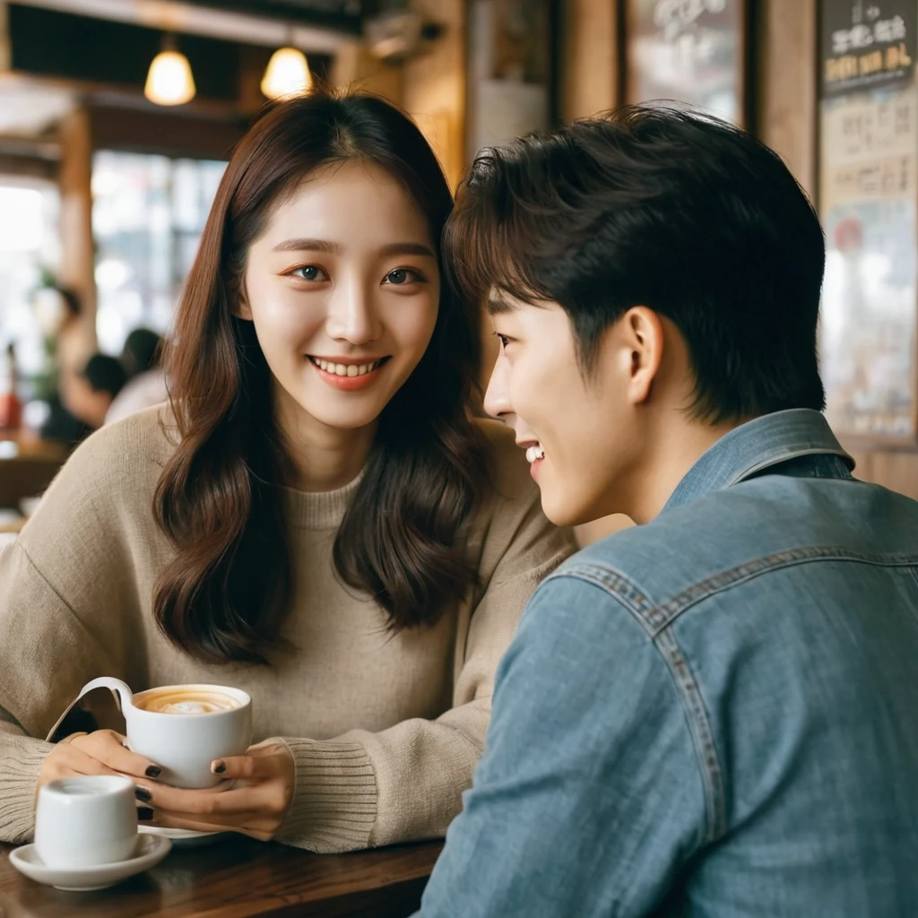 Scene in a cozy cafe in Seoul. mariana, young Brazilian woman, bumps into Jae-sung, Young Korean man. Their eyes meet and shy smiles are exchanged. The cafe&#39;s ambience is decorated in a modern and welcoming Korean style, characterized by dark wood furniture, soft lighting and traditional decor details. Use the &#39;sfumato&#39; painting technique to soften the lines and create a diffused light effect that highlights the cosiness and warm atmosphere of the café