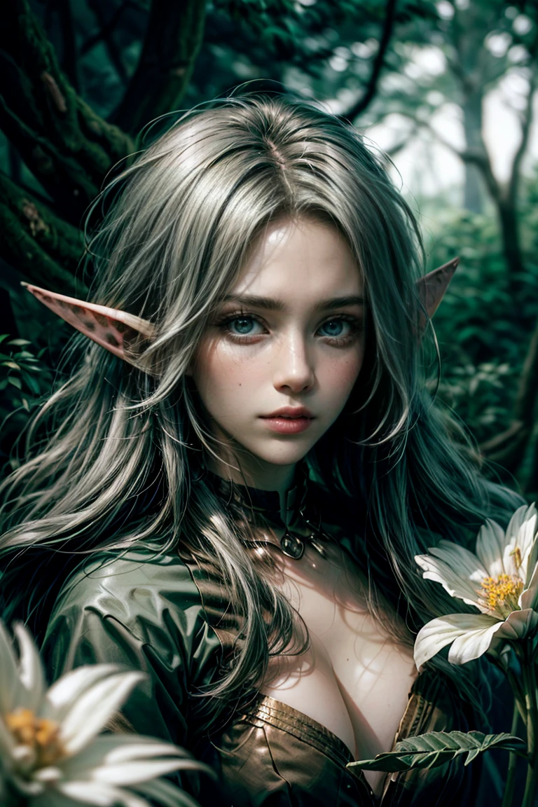 (((A wood elf hovers over the forest, tearing flowers in the forest ))) green hair, body, Radial glow, white fern flowers, optical, Panoramic illumination, atmospheric perspective, dawning, Smoothing: 5d, Light painting, Color, beatiful face, Clear facial features, symmetrical transparent wings, Stunning details