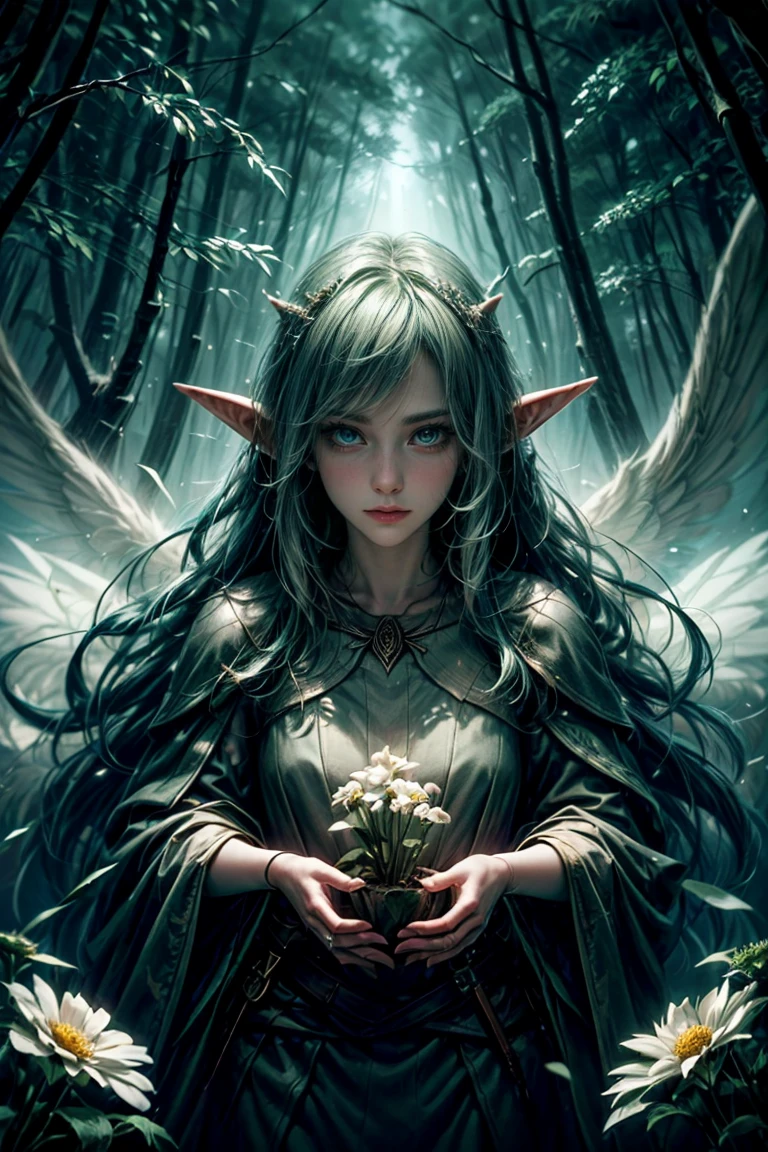 (((A wood elf hovers over the forest, tearing flowers in the forest ))) green hair,  body, Radial glow, white fern flowers, optical, Panoramic illumination, atmospheric perspective, dawning, Smoothing: 5d, Light painting, Color, beatiful face, Clear facial features, symmetrical transparent wings, Stunning details