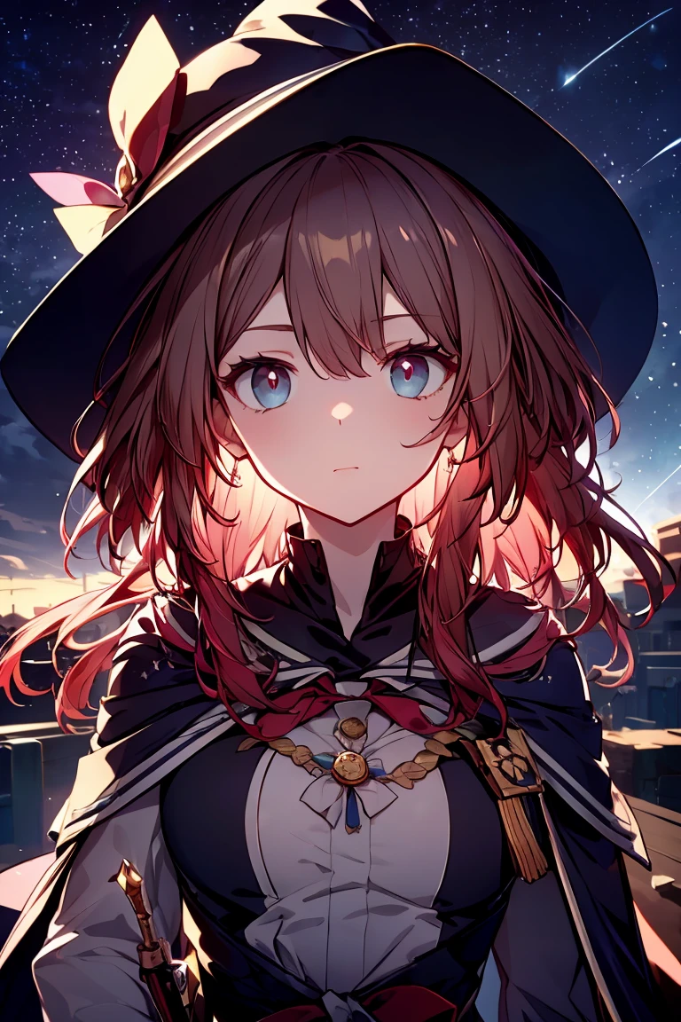 (masterpiece), detailed face, detailed fingers, magical girl, (wizard hat), (wide-brimmed hat), Background (shooting stars, night sky), light effects, Dark brown hair, long hair, windblown hair, 4 foot long wand, (holding wizard's wand), A black cape embroidered with gold thread, a large red ribbon on the chest, Brave expression, Detailed skin, high quality, drawn by professional anime illustrators, from above